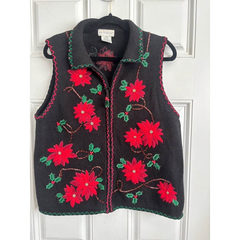 Vintage White Stag Ladies Holiday Knit Vest With Embroidered Poinsettias Sz L